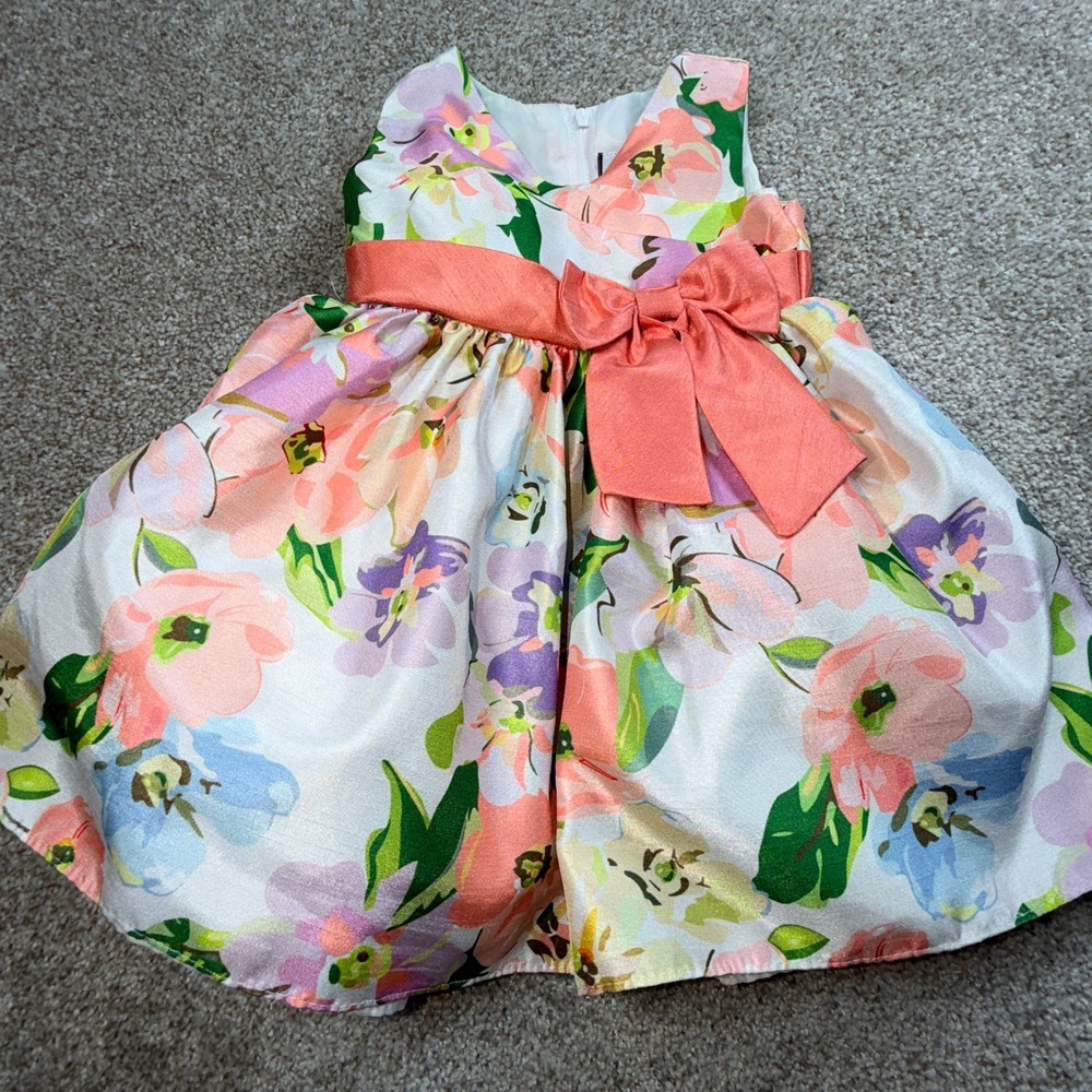 Mia Juliana Girls Floral Satin Party Dress Pink Blue Watercolor Bow 12MO 1018451